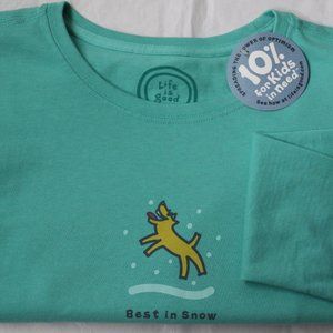 Life is Good Best in Snow Dog Aqua Blue Long Sleeve Crusher Shirt Top M New